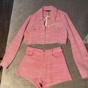 Zara Textured Crop Jacket and Short Set in Pink